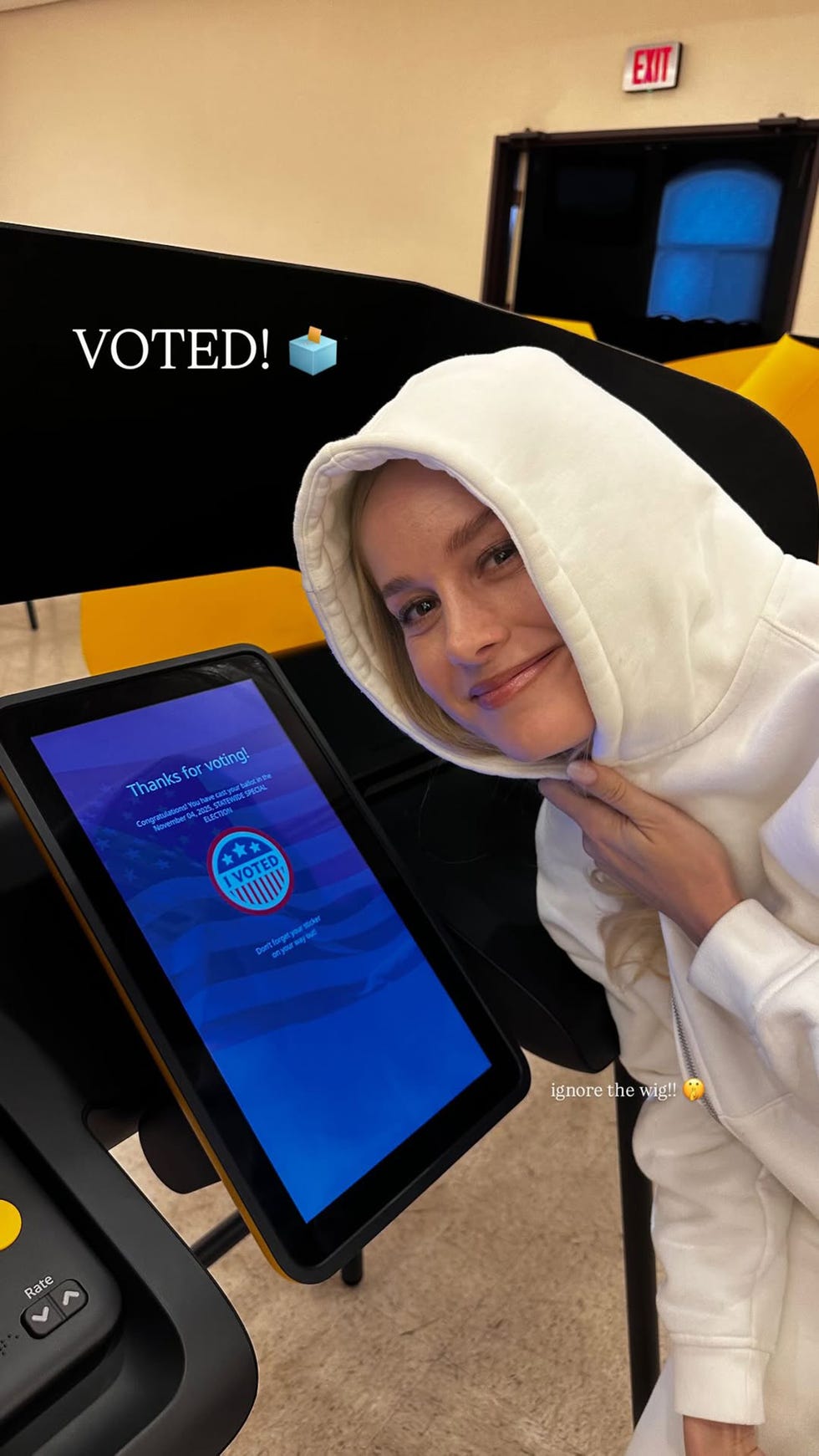 brie larson votes in the nyc mayoral elections with the caption 'ignore the wig'
