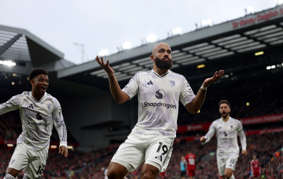 Bryan Mbeumo celebrates goal against Liverpool at Anfield