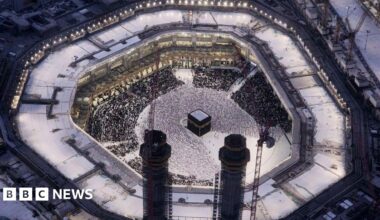 An aerial view of the Kaaba, Islam's holiest site located in the center of the Masjid al-Haram (Grand Mosque) in Mecca, Saudi Arabia, visited by millions of Muslims every year for pilgrimage and Umrah