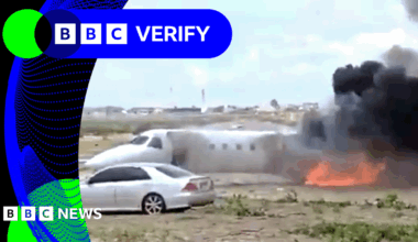 BBC Verify Live: Striking video shows aircraft come off runway before catching fire in DR Congo