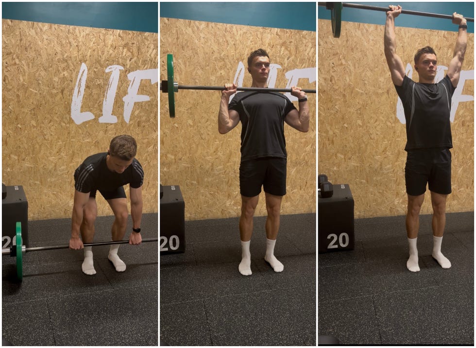 Man performs clean and jerk movement as part of Daniel Craig workout man performs clean and jerk movement as part of daniel craig workout