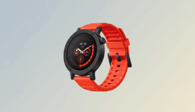 A black smartwatch with a bright orange band is centered on a professional flat design background with soft gray and white gradients and subtle geometric patterns. The watch face displays 10:10 TUE, a heart rate of 98, and 80% BATT.