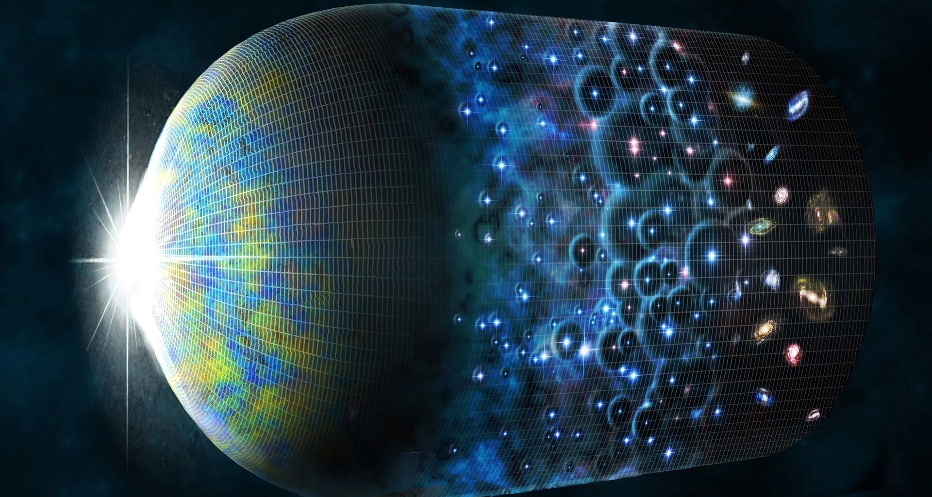 An illustration of the cosmos beginning with the Big Bang, expanding, but decelerating over time. Credit: M. Weiss/CfA