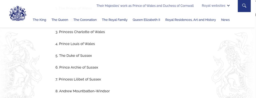 A screenshot of the royal family's website, featuring the name Andrew Mountbatten-Windsor