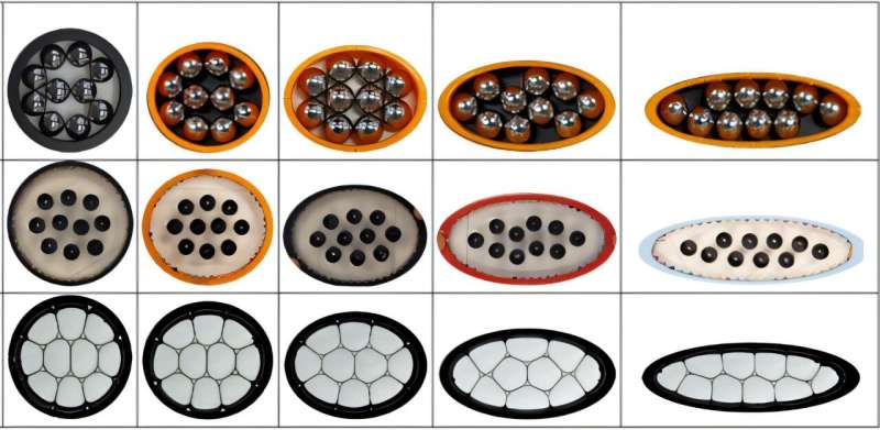 The researchers performed experiments with floating magnets, ball bearings, and soap bubbles. Credit: P. D. S. de Lima et al Diverse particles form identical geometric patterns when confined, model reveals