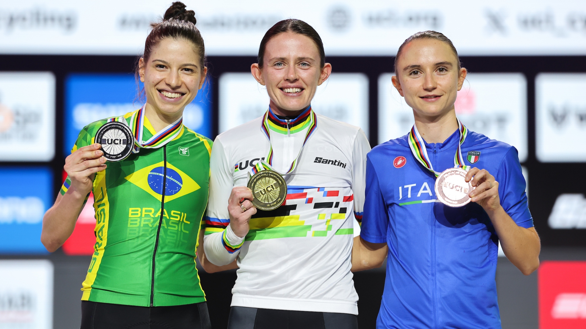 Podium of the 2025 UCI Cycling Esports World Championships