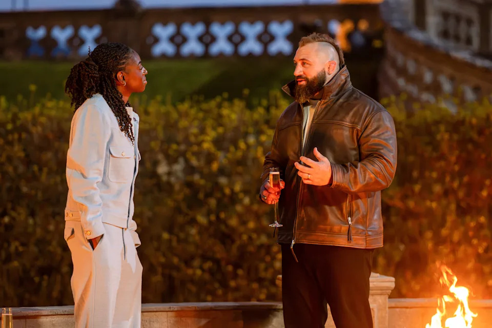 Joe Marler and Cat Burns on Celebrity Traitors. (BBC/Studio Lambert/Paul Chappells)