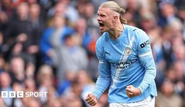 Erling Haaland celebrates a goal for Manchester City