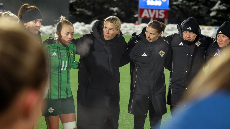 Northern Ireland manager Tanya Oxtoby addresses her players after their defeat to Iceland