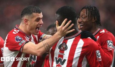 Sunderland players Granit Xhaka and Brian Brobbey celebrate a goal