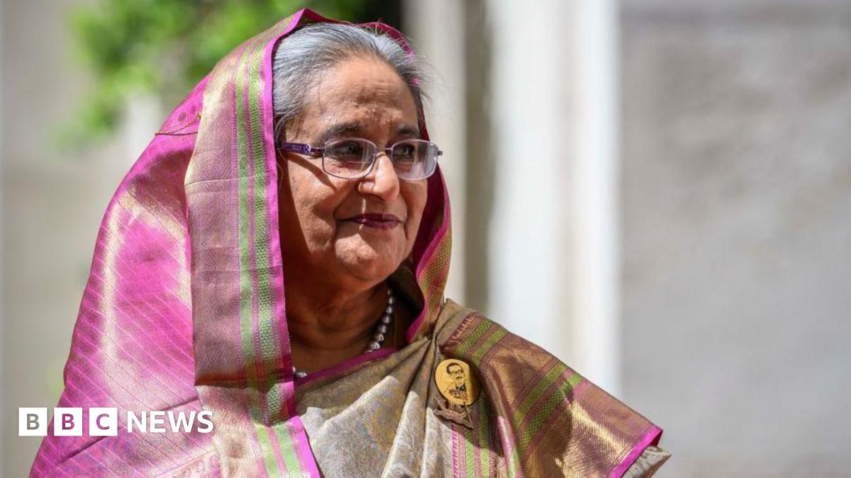 Sheikh Hasina is pictured looking to her left slightly smiling, in a pink and green head dress.
