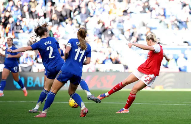 Arsenal's Alessia Russo in action with Leicester City's Sari Kees and Janice Cayman