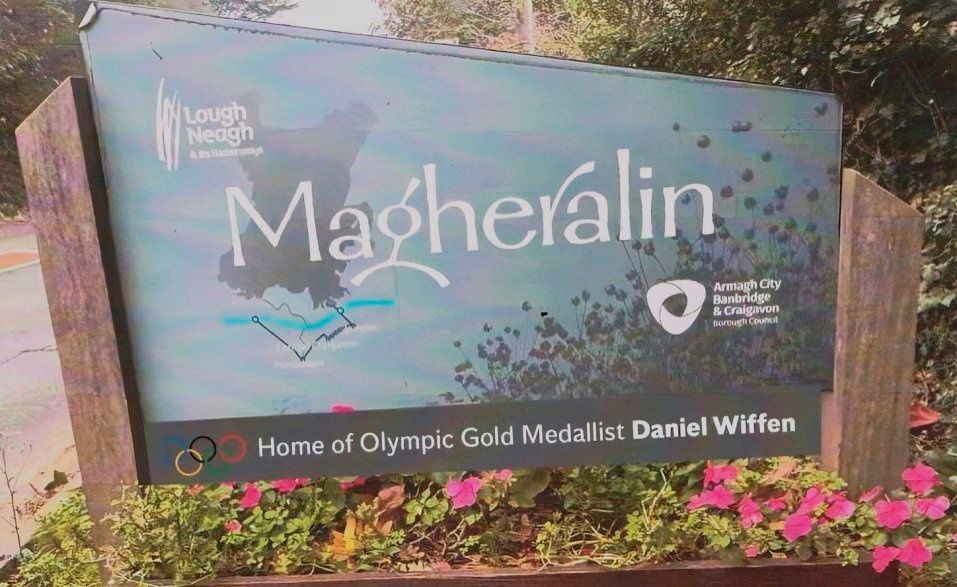 How the boundary sign at Magheralin will look after Daniels Wiffen's tribute is added