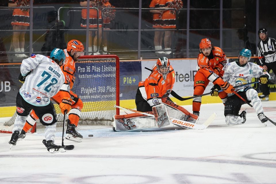 The Belfast Giants put pressure on the Sheffield Steelers goal during the sides' encounter (Hayley Roberts/Sheffield Steelers)