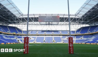 England and Australia players compete for the ball in a match at Everton's Hill Dickinson Stadium
