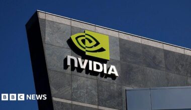 The green and white Nvidia logo is displayed on a sign at the Nvidia headquarters.