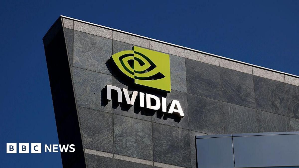 The green and white Nvidia logo is displayed on a sign at the Nvidia headquarters.