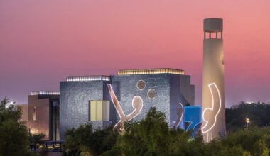 exteriors of the unusual and colourful shapes of the Lawh Wa Qalam M. F. Husain Museum in Doha by Martand Khosla