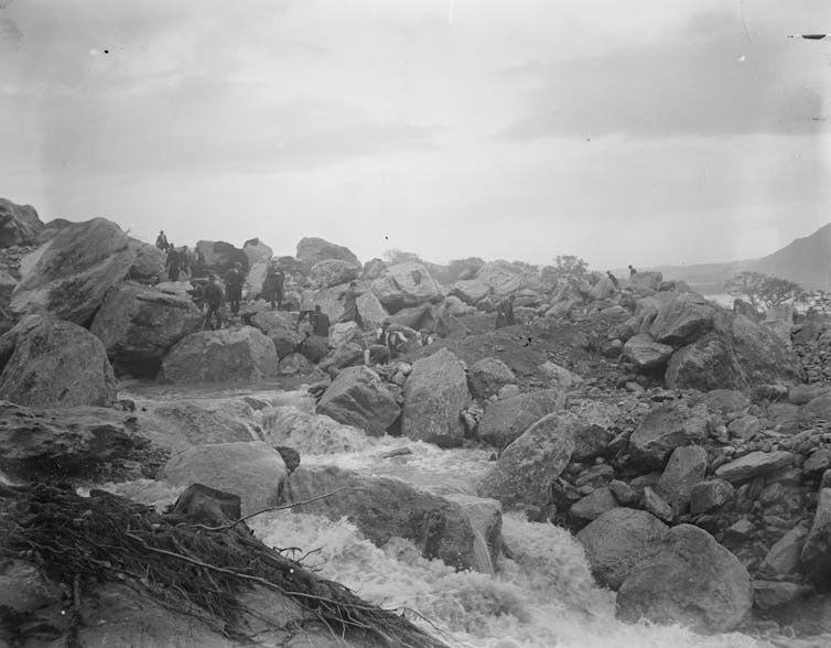 damaged landscape, black and white pic of boulders