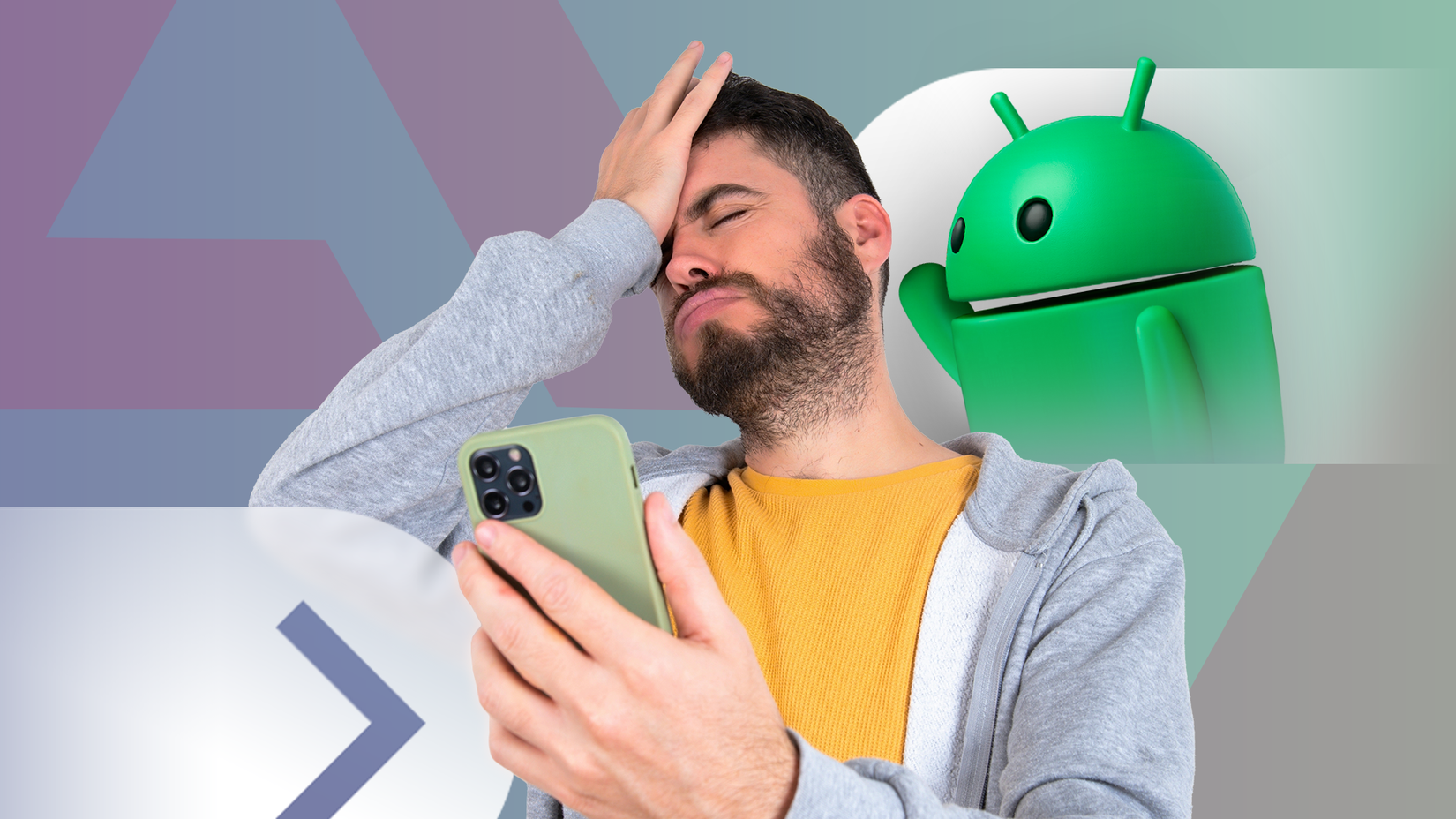 Frustrated man holding an iPhone with his hand on his forehead, while the Android mascot whispers in his ear in the background.