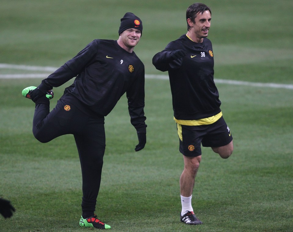 Wayne Rooney and Gary Neville training at Manchester United.