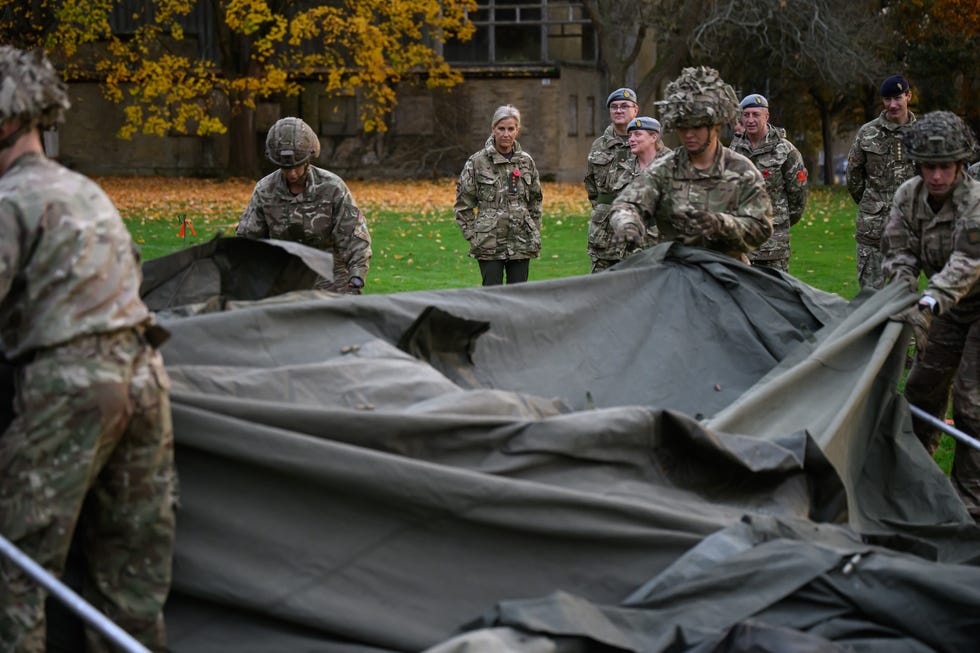 camberley, england november 5: sophie, duchess of edinburgh looks on as service personnel race to erect and deconstruct a tent during the duchess of edinburgh competition at royal military academy sandhurst on november 5, 2025 in camberley, england. the duchess of edinburgh competition is hosted annually by the royal army medical service (rams) and the royal military academy sandhurst (rmas). competitors take part in activities designed to test physical, cognitive and teamwork abilities. ten teams will compete over five scored events throughout the day followed by a final all teams event and prize giving attended by the duchess of edinburgh. (photo by leon neal/getty images) camberley, england november 5: sophie, duchess of edinburgh looks on as service personnel race to erect and deconstruct a tent during the duchess of edinburgh competition at royal military academy sandhurst on november 5, 2025 in camberley, england. the duchess of edinburgh competition is hosted annually by the royal army medical service (rams) and the royal military academy sandhurst (rmas). competitors take part in activities designed to test physical, cognitive and teamwork abilities. ten teams will compete over five scored events throughout the day followed by a final all teams event and prize giving attended by the duchess of edinburgh. (photo by leon neal/getty images)