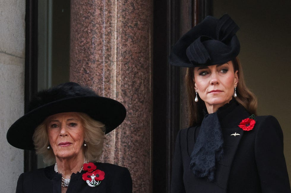 BRITAIN-MILITARY-WAR-HISTORY-ROYALS britains queen camilla (l) and britains catherine, princess of wales (r) watch from the balcony as they attend the remembrance sunday ceremony at the cenotaph on whitehall in central london on november 9, 2025. remembrance sunday is an annual commemoration held on the closest sunday to armistice day, november 11, the anniversary of the end of the first world war and services across commonwealth countries remember servicemen and women who have fallen in the line of duty since wwi. (photo by toby melville / pool / afp) (photo by toby melville/pool/afp via getty images)