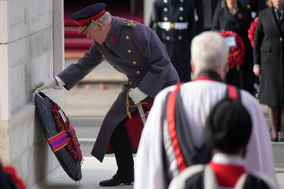 britain's king charles iii lays his wreath during the remembrance sunday ceremony at the cenotaph on whitehall in central london on november 9, 2025. remembrance sunday is an annual commemoration held on the closest sunday to armistice day, november 11, the anniversary of the end of the first world war and services across commonwealth countries remember servicemen and women who have fallen in the line of duty since wwi. (photo by alastair grant / pool / afp) britain's king charles iii lays his wreath during the remembrance sunday ceremony at the cenotaph on whitehall in central london on november 9, 2025. remembrance sunday is an annual commemoration held on the closest sunday to armistice day, november 11, the anniversary of the end of the first world war and services across commonwealth countries remember servicemen and women who have fallen in the line of duty since wwi. (photo by alastair grant / pool / afp)