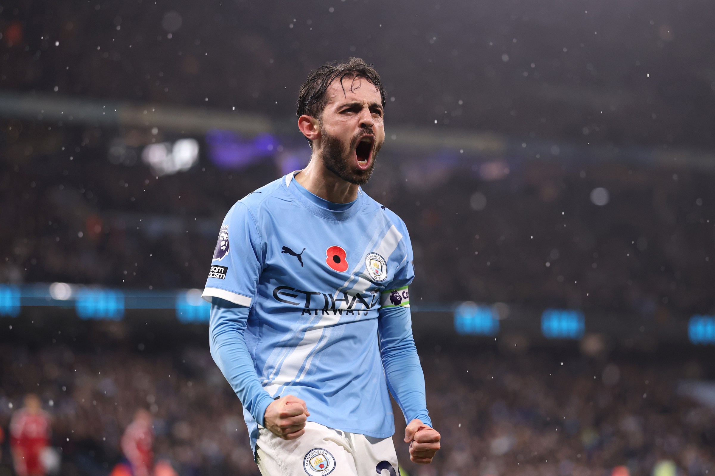 MANCHESTER, ENGLAND - NOVEMBER 09: Bernardo Silva of Manchester City celebrates his team’s second goal, scored by teammate Nico Gonzalez (not pictured) during the Premier League match between Manchester City and Liverpool at Etihad Stadium on November 09, 2025 in Manchester, England. (Photo by Carl Recine/Getty Images)