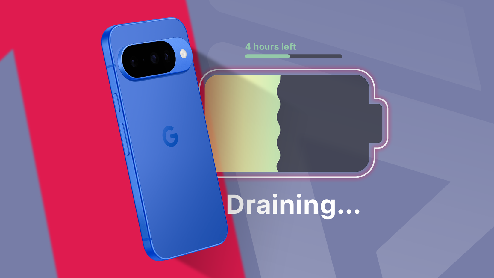 The Google Pixel 10 Pro next to a draining battery
