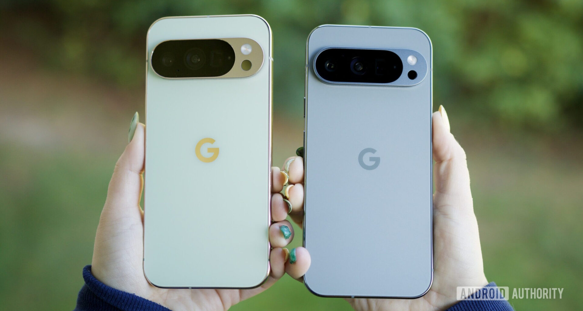 Someone holding the Pixel 10 Pro and Pixel 9 Pro, showing the backs of the phones.