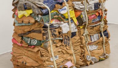 a sculpture by Ninon Hivert made of clay and other materials that mimics two compressed stacks of cardboard boxes