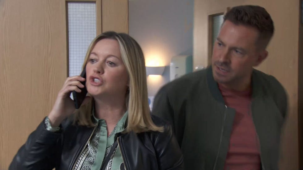 Hollyoaks, Diane Hutchinson and Darren Osborne hollyoaks, diane hutchinson and darren osborne in the hospital, exiting through some double doors