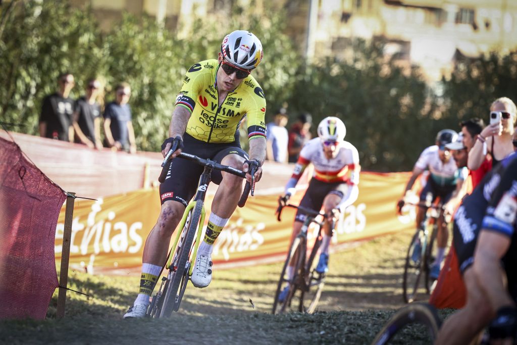 Belgian Wout van Aert pictured in action during the men's elite race at the cyclocross cycling event in Benidorm, Spain, Sunday 19 January 2025, stage 12/14 in the UCI World Cup competition. BELGA PHOTO DAVID PINTENS (Photo by DAVID PINTENS / BELGA MAG / Belga via AFP)