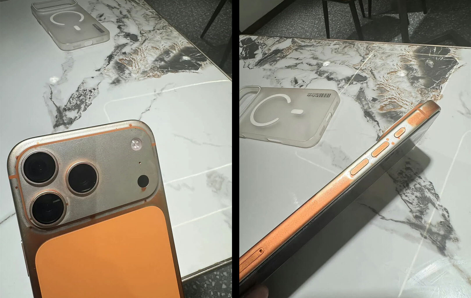 The Cosmic Orange paint job of an iPhone 17 Pro Max started coming off using wet wipes
