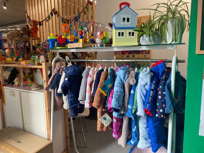 A Little Village baby bank in Wembley, North London is filled with items new parents might need.