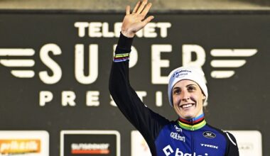 Dutch Lucinda Brand celebrates on the podium after winning the women&#039;s race of the Superprestige Merksplas cyclocross event, fourth stage (4/8) of the Superprestige cyclocross cycling competition, Saturday 15 November 2025, in Merksplas.BELGA PHOTO JASPER JACOBS (Photo by JASPER JACOBS / BELGA MAG / Belga via AFP) (Photo by JASPER JACOBS/BELGA MAG/AFP via Getty Images)
