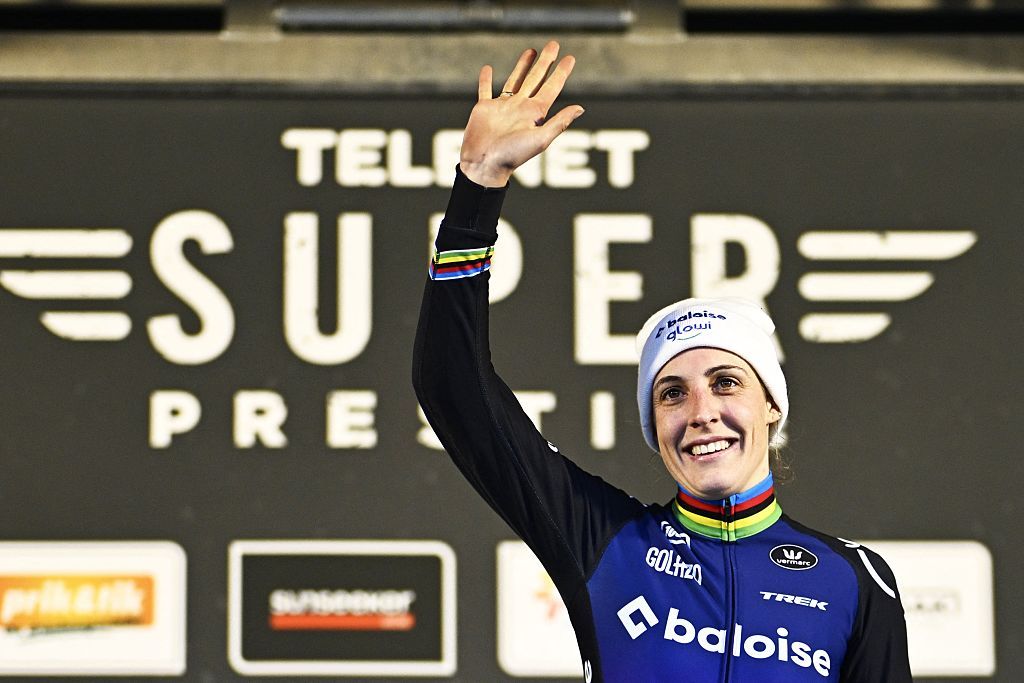 Dutch Lucinda Brand celebrates on the podium after winning the women&#039;s race of the Superprestige Merksplas cyclocross event, fourth stage (4/8) of the Superprestige cyclocross cycling competition, Saturday 15 November 2025, in Merksplas.BELGA PHOTO JASPER JACOBS (Photo by JASPER JACOBS / BELGA MAG / Belga via AFP) (Photo by JASPER JACOBS/BELGA MAG/AFP via Getty Images)