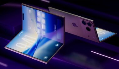 Renderings of what a thin book-style foldable iPhone could look like, with three rear cameras and spacious displays.