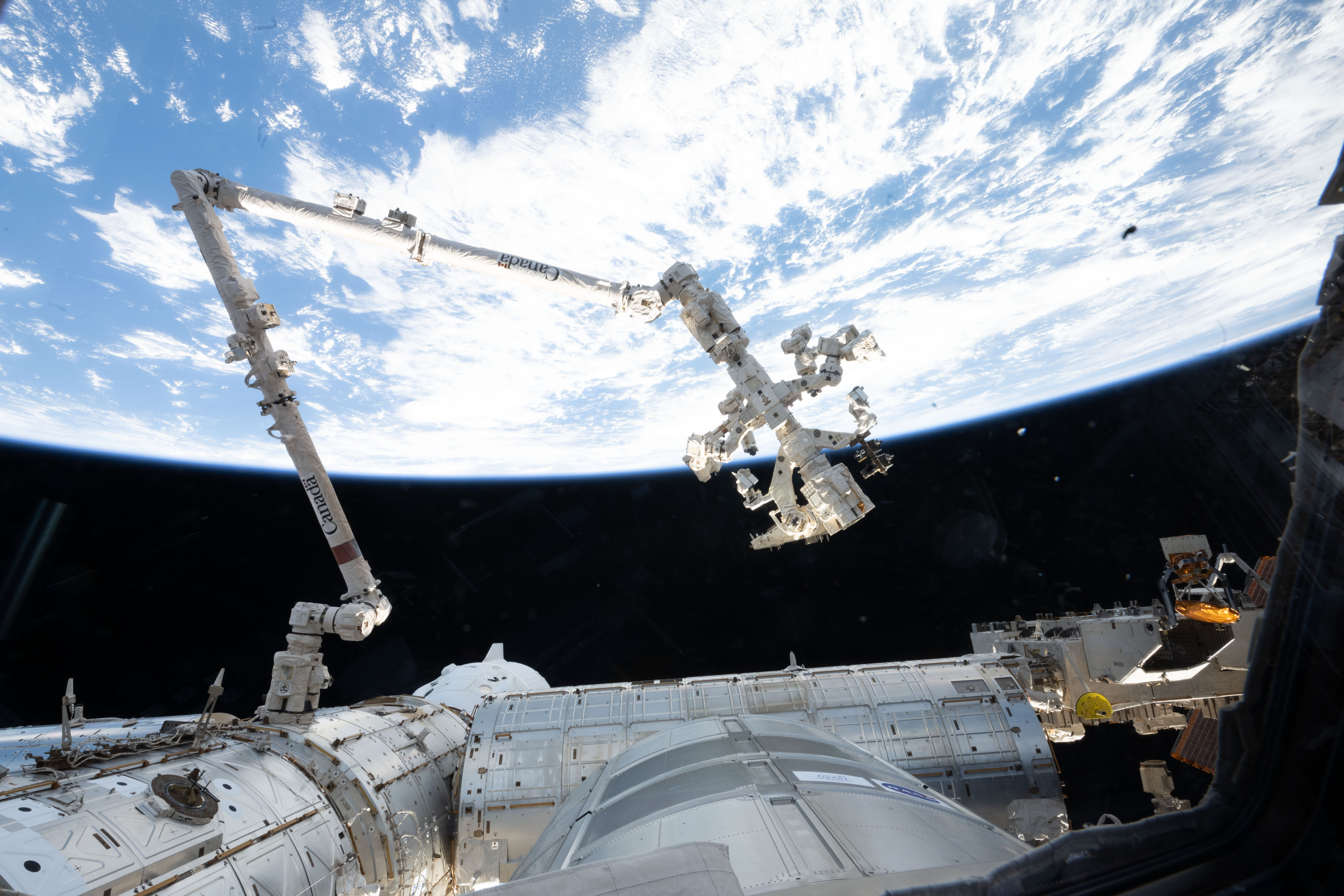 The 57.7-foot-long Canadarm2 robotic arm extends from the International Space Station. The arm is long, cylindrical, and white, with several joints that are bent to the right (at left in the image) and downward (at center). Earth makes a bright white and blue background for the top half of the photo. Our home planet contrasts starkly with the darkness of space.