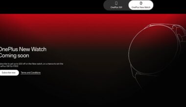 A screenshot of the OnePlus UK site showing a promo: &quot;OnePlus New Watch coming soon: Subscribe to get up to £50 off on the New watch, or a chance to win the OnePlus 15R for FREE.&quot; Next to the text is a white sketch of a smartwatch.