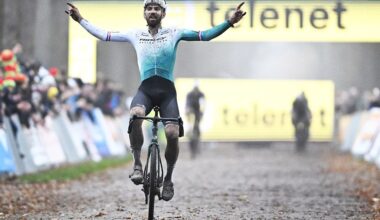 Dutch Joris Nieuwenhuis celebrates as he crosses the finish line to win the men&#039;s race of the Superprestige Merksplas cyclocross event, fourth stage (4/8) of the Superprestige cyclocross cycling competition, Saturday 15 November 2025, in Merksplas.BELGA PHOTO JASPER JACOBS (Photo by JASPER JACOBS / BELGA MAG / Belga via AFP) (Photo by JASPER JACOBS/BELGA MAG/AFP via Getty Images)