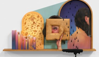 a work by Arghavan Khosravi of a woman holding up a wooden frame with an eye peering through and black raindrops surrounding them. there are colorful books and a black drip on the shelf below