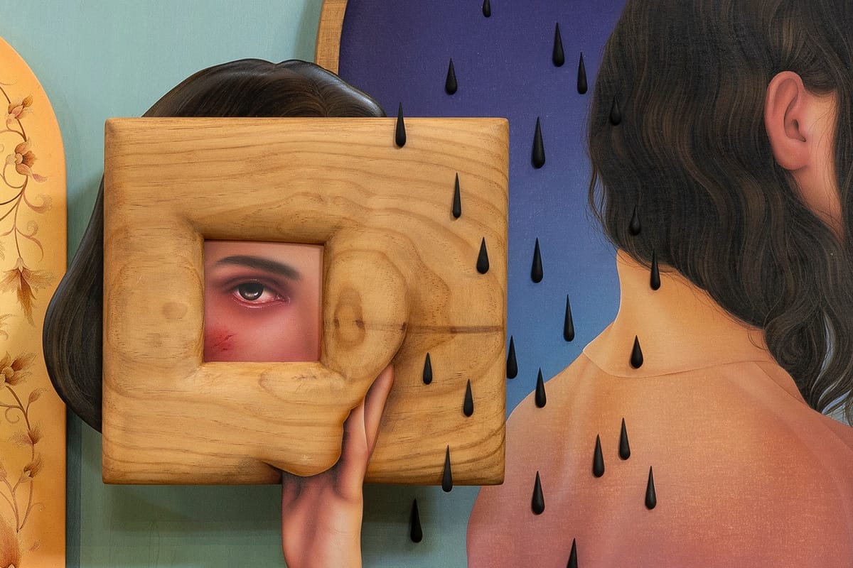 a detail image of a work by Arghavan Khosravi of a woman holding up a wooden frame with an eye peering through and black raindrops surrounding them