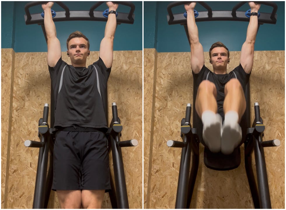 Man performs hanging knee raise movement as part of Daniel Craig workout man performs hanging knee raise movement as part of daniel craig workout