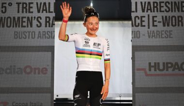 VARESE, ITALY - OCTOBER 07: Magdeleine Vallieres of Canada and Team EF Education-Oatly celebrates at podium as World Champion Jersey during the 5th Tre Valli Varesine Women's Race 2025 a 137km one day race from Busto Arsizio to Varese on October 07, 2025 in Varese, Italy. (Photo by Dario Belingheri/Getty Images)