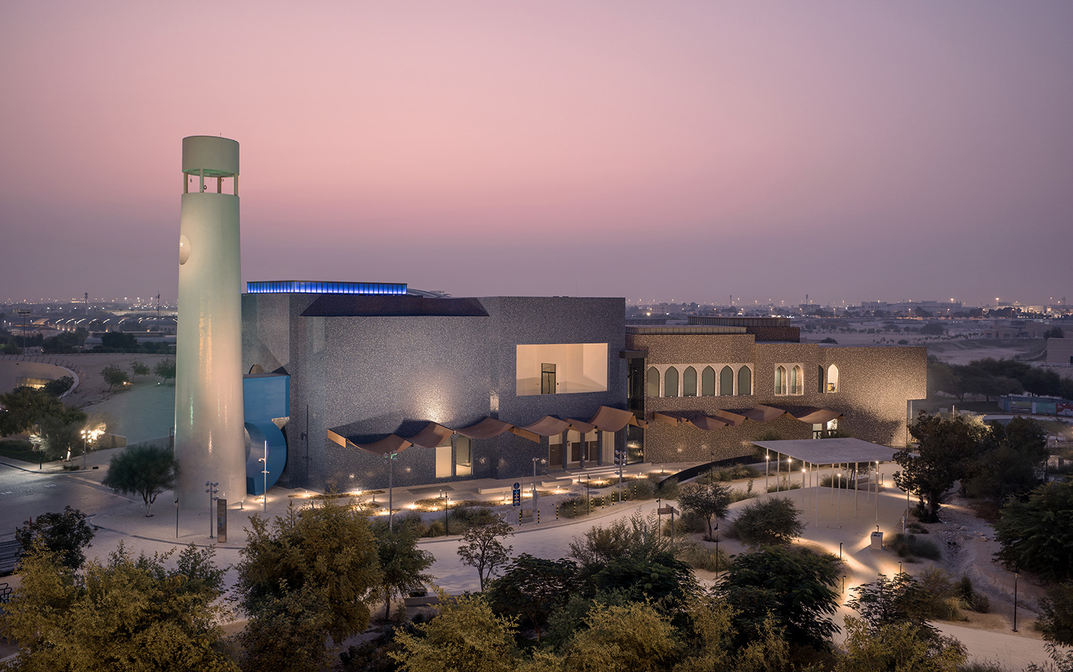 exteriors of the unusual and colourful shapes of the Lawh Wa Qalam M. F. Husain Museum in Doha by Martand Khosla