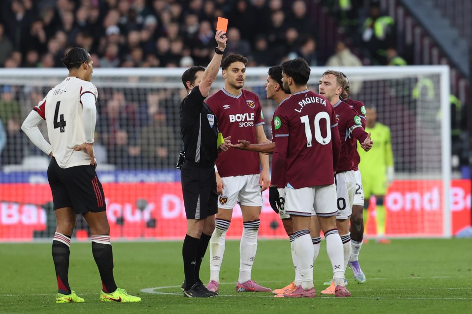 Lucas Paqueta of West Ham United is shown the red card during the Premier League match between West Ham United and Liverpool at London Stadium on November 30, 2025 in London, England.