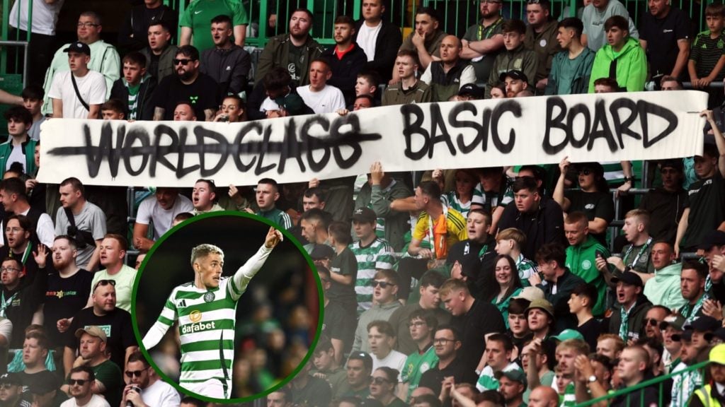 Image of Celtic fans holding up a banner protesting against the board with an overlay of Celtic midfielder Luke McCowan.