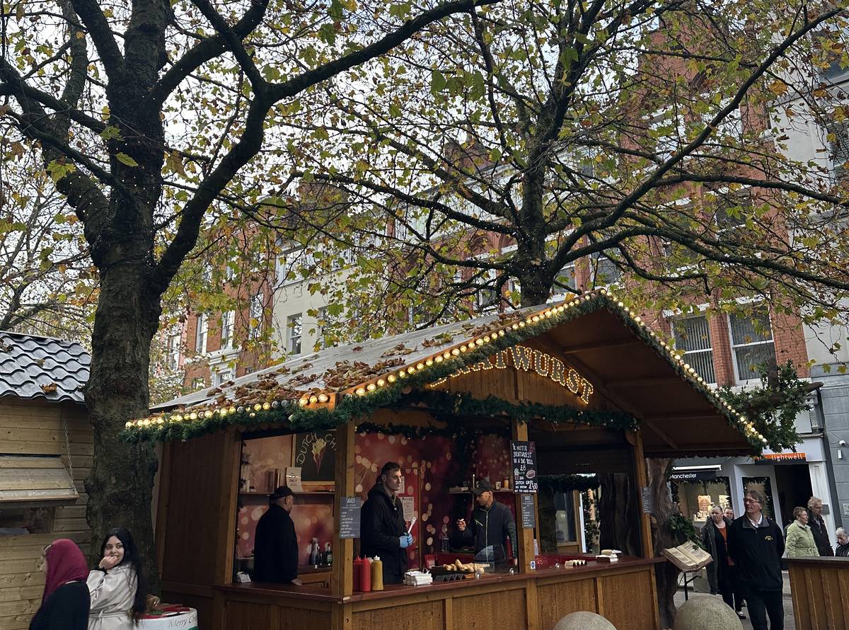 bratwurst stall in st ann's square, manchester